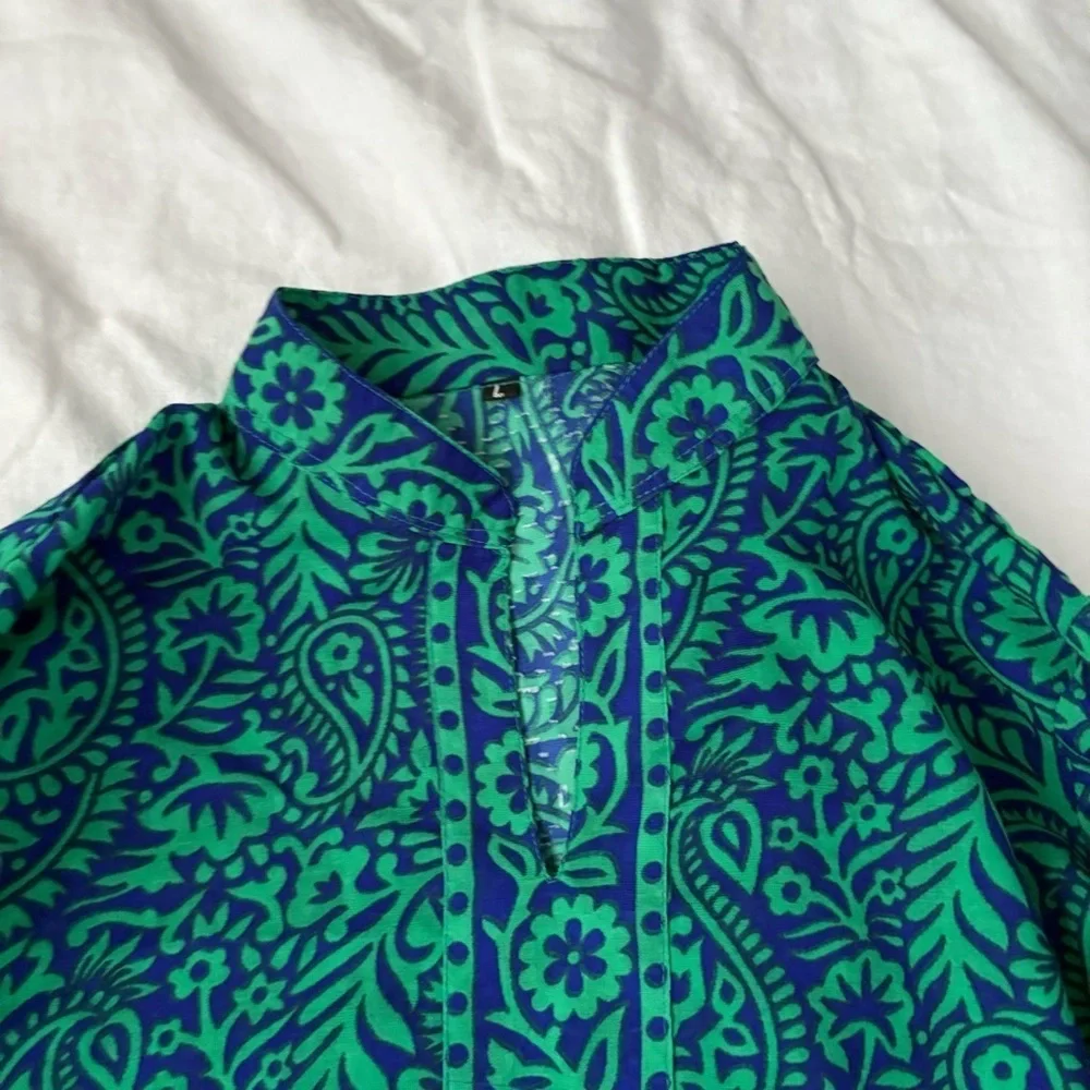 Green Blue Tunic Mini Shift Dress Large 3/4 sleeves boho chic paisley v neck - Picture 2 of 5